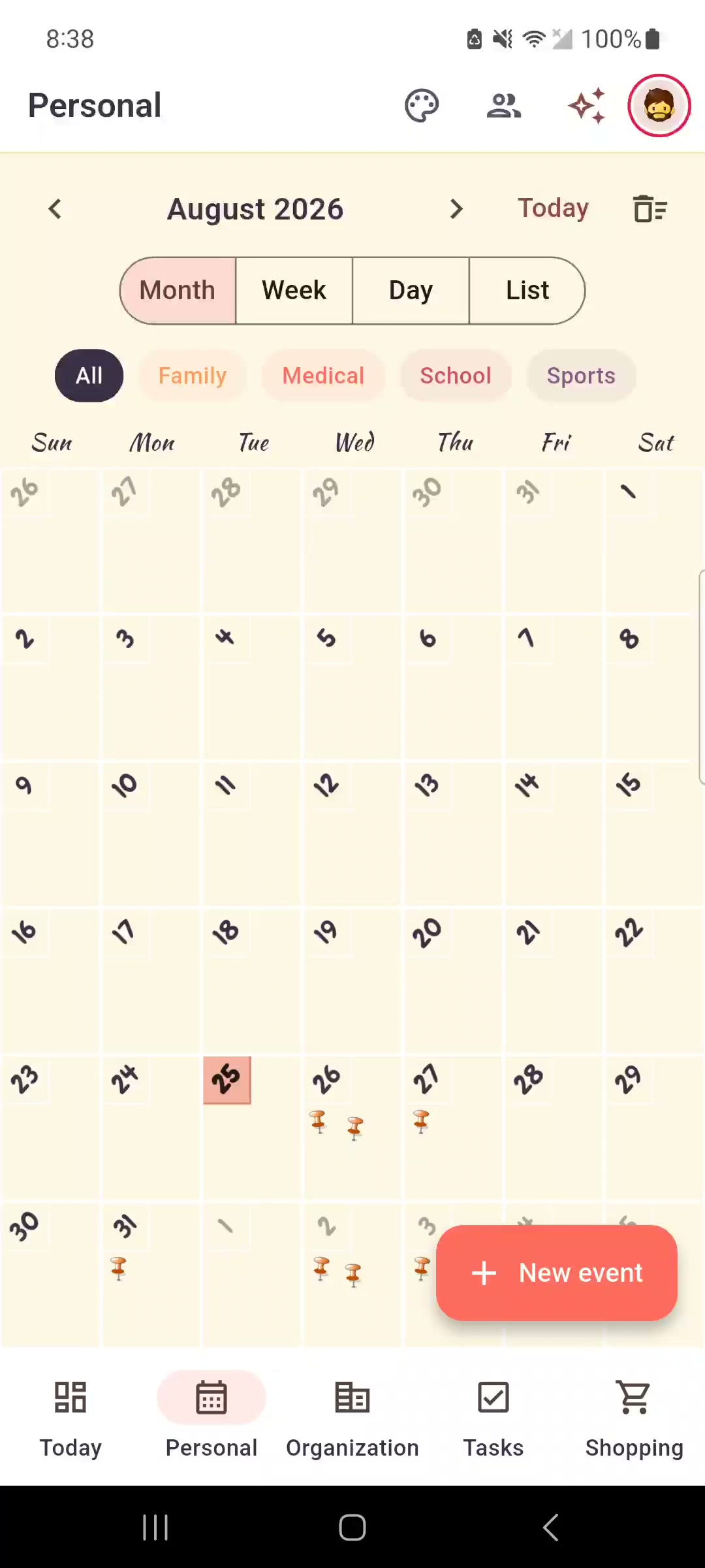 Cadent Family August month view showing imported school and sports events, several repeating across multiple days.