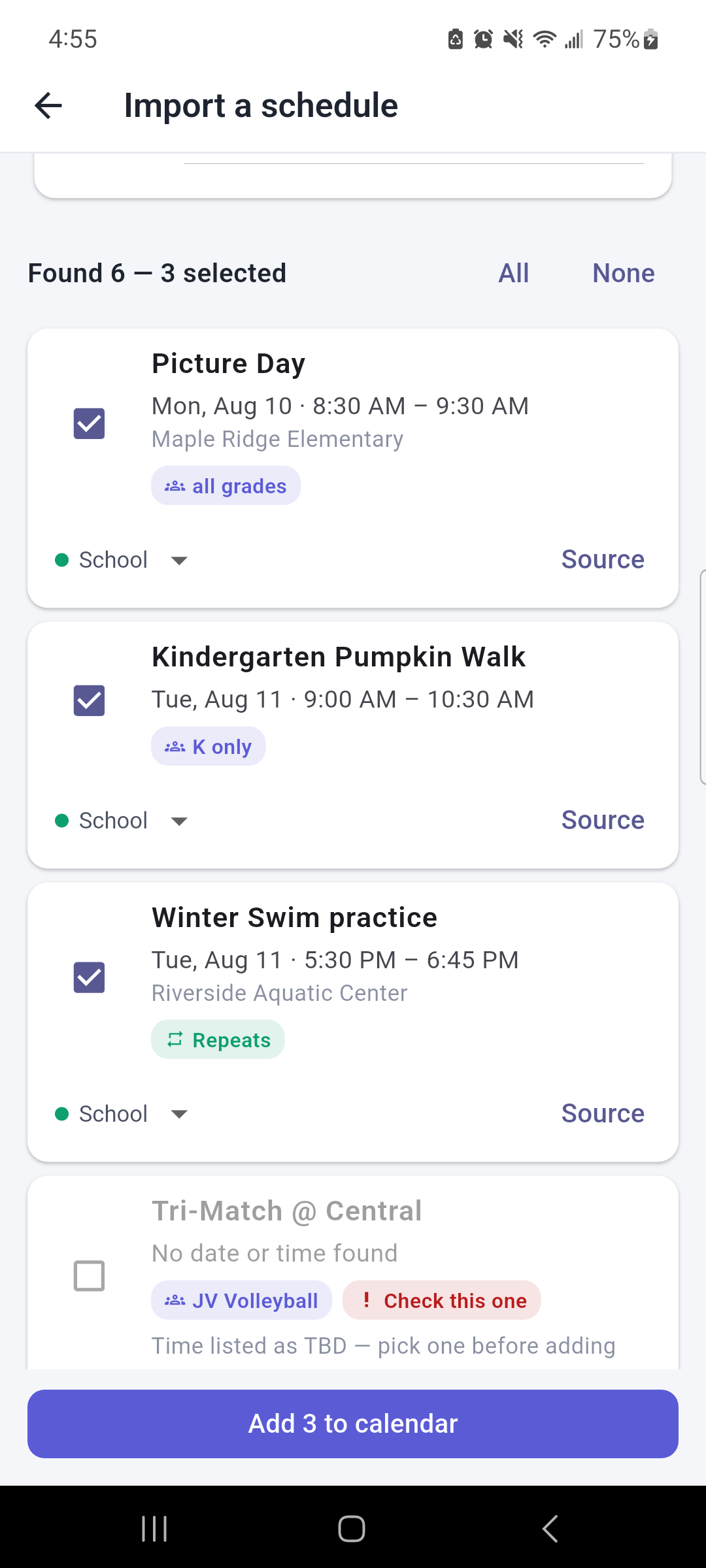 The schedule-import review list: events read from a photographed sports card, each with a checkbox to approve before it is added to the calendar