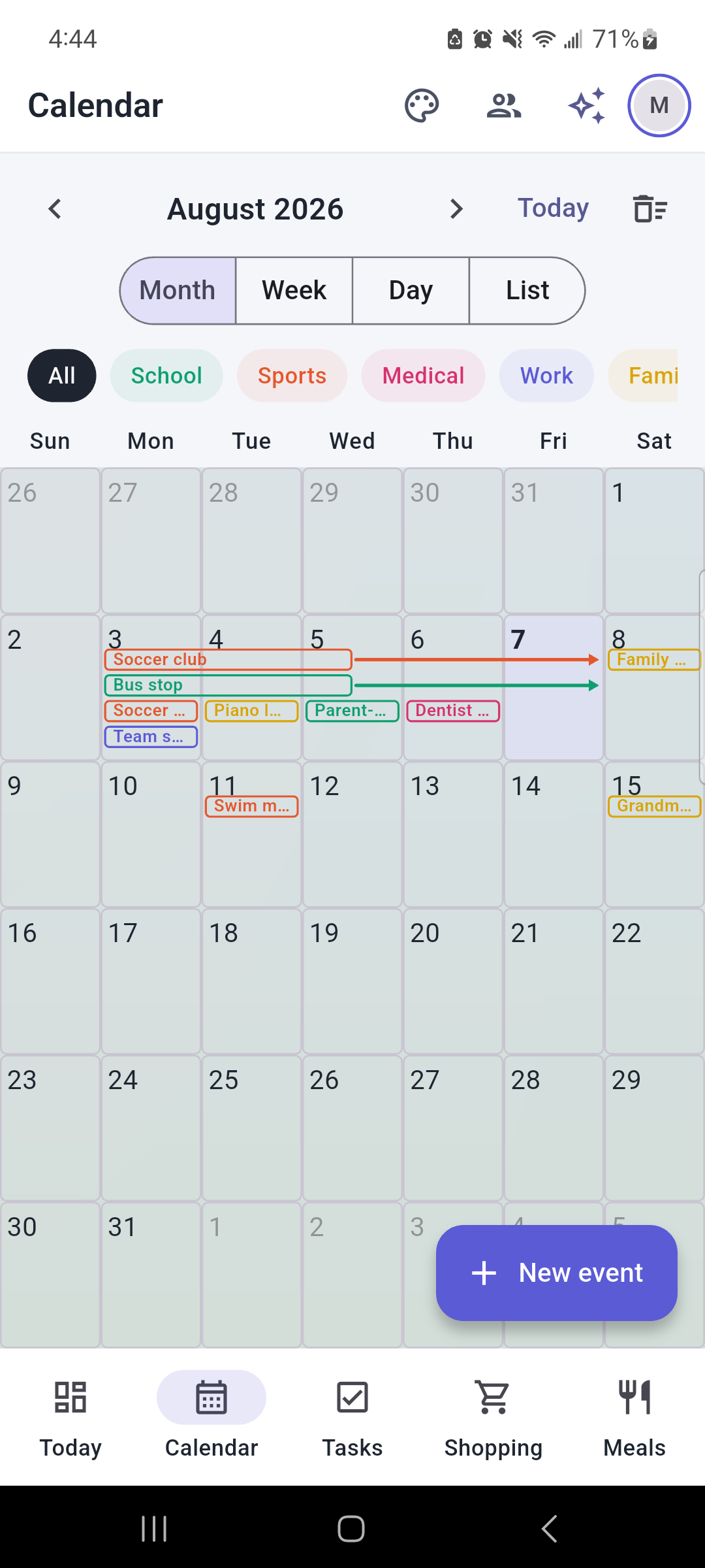 Cadent Family month calendar on a phone, showing colour-coded events for a sample family across the weeks of a month