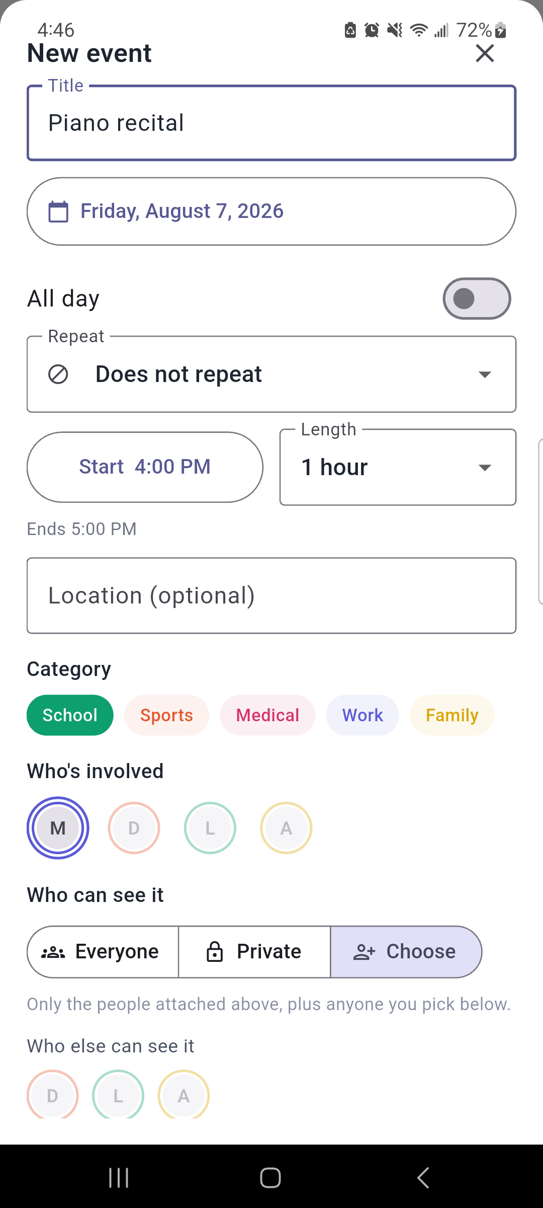 The who-can-see-this picker on an event, letting you choose everyone, just yourself, or a chosen list of family members
