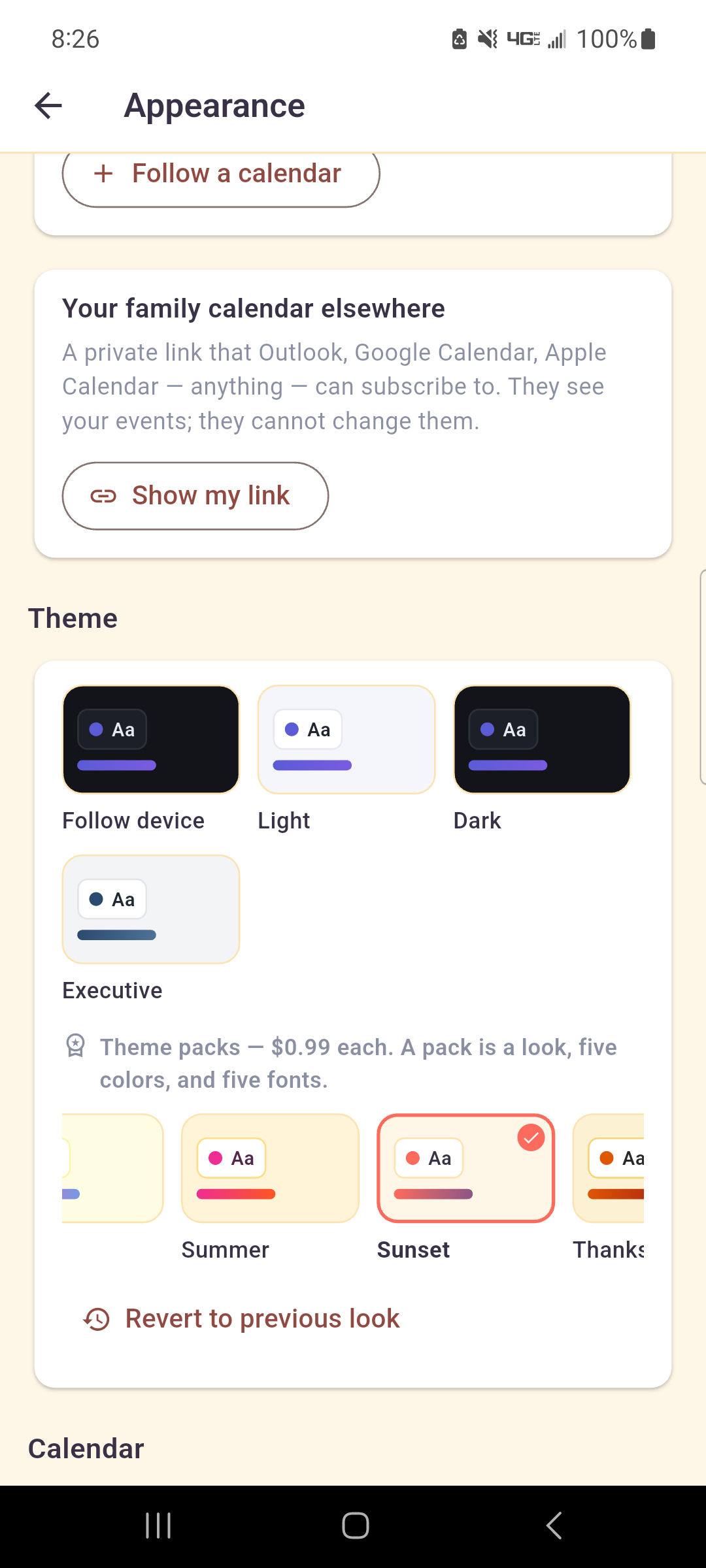 The theme gallery: light and dark looks above a shelf of theme packs, each card previewing the colours of that pack