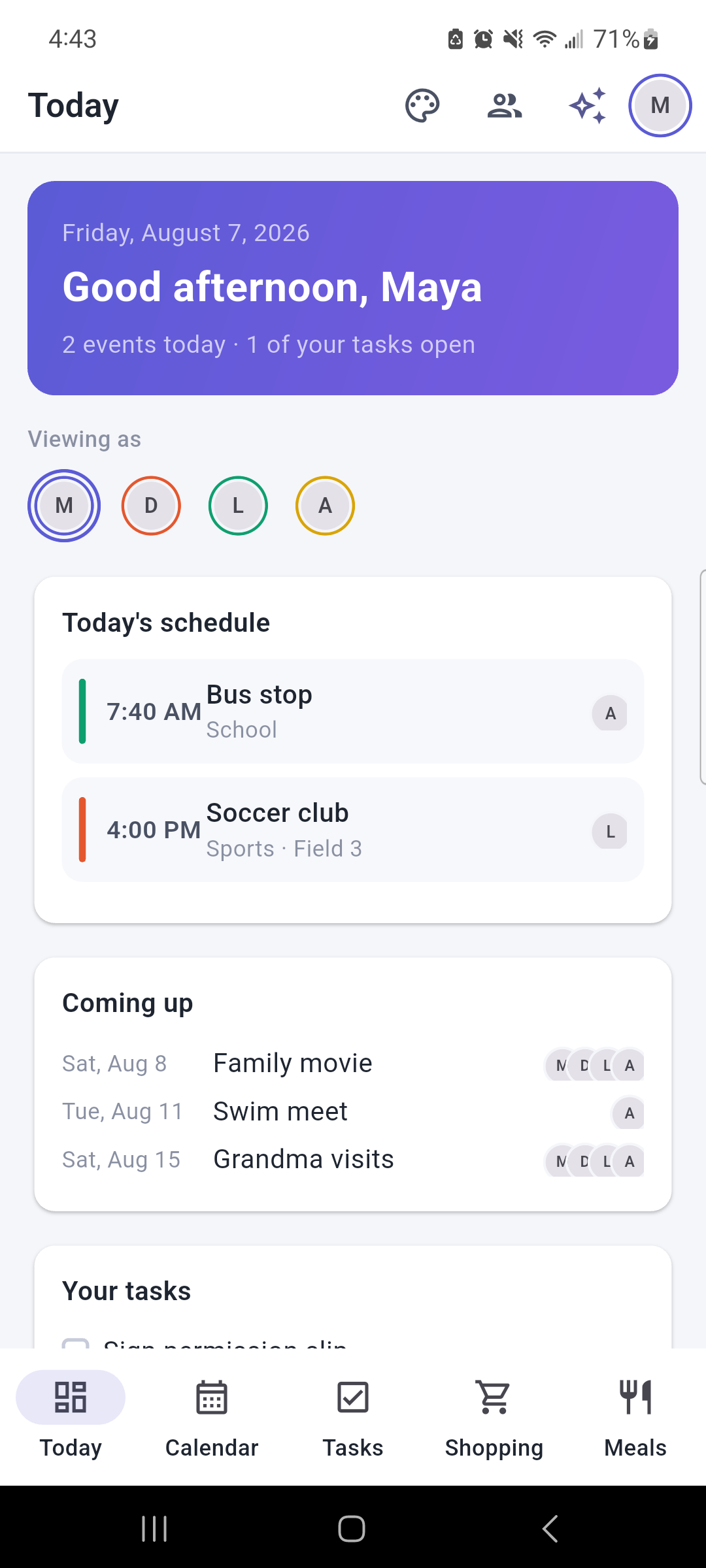 The Today screen with a friendly greeting and the sample family's upcoming events for the day