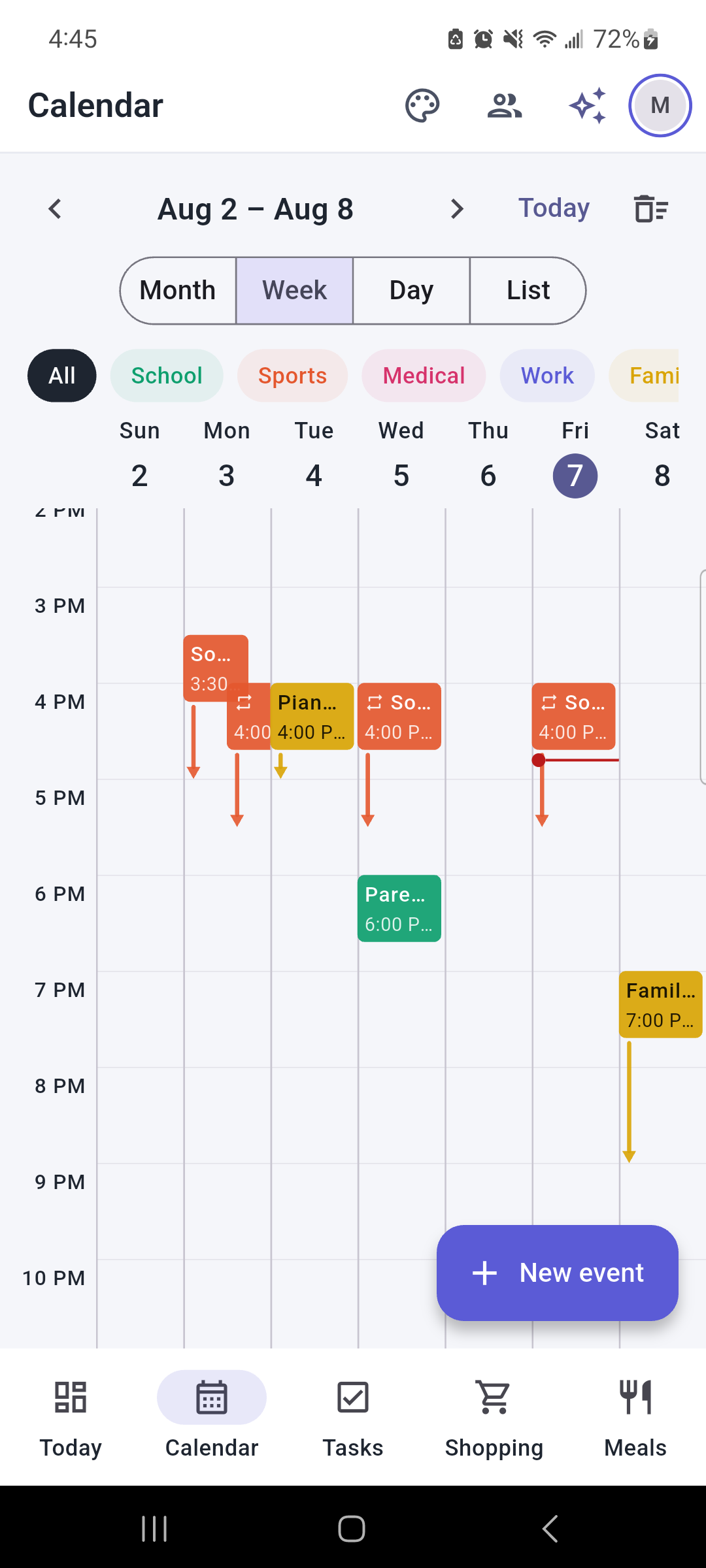 Week view of the calendar with several family members' events colour-coded across the days